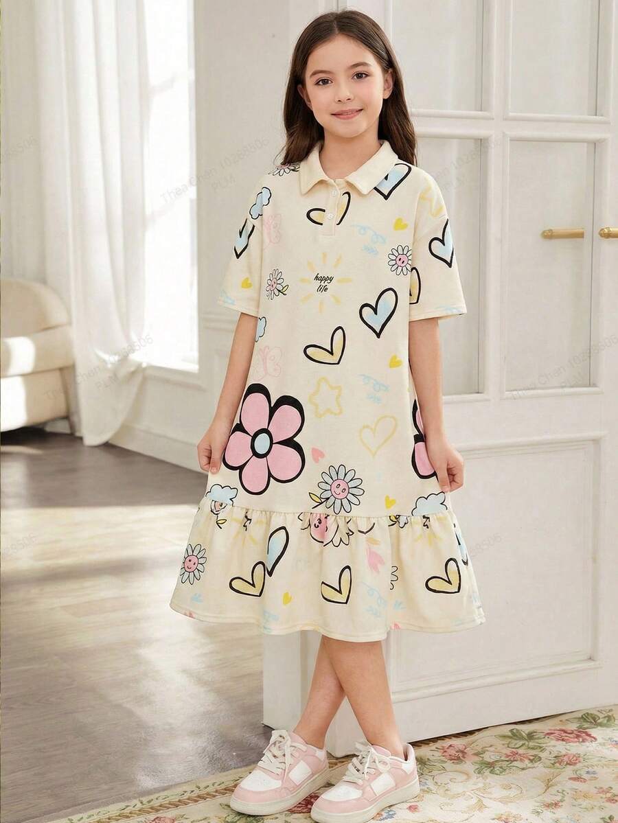 SHEIN Tween Girl Ditsy Floral Knit Casual Dress - White - View 1