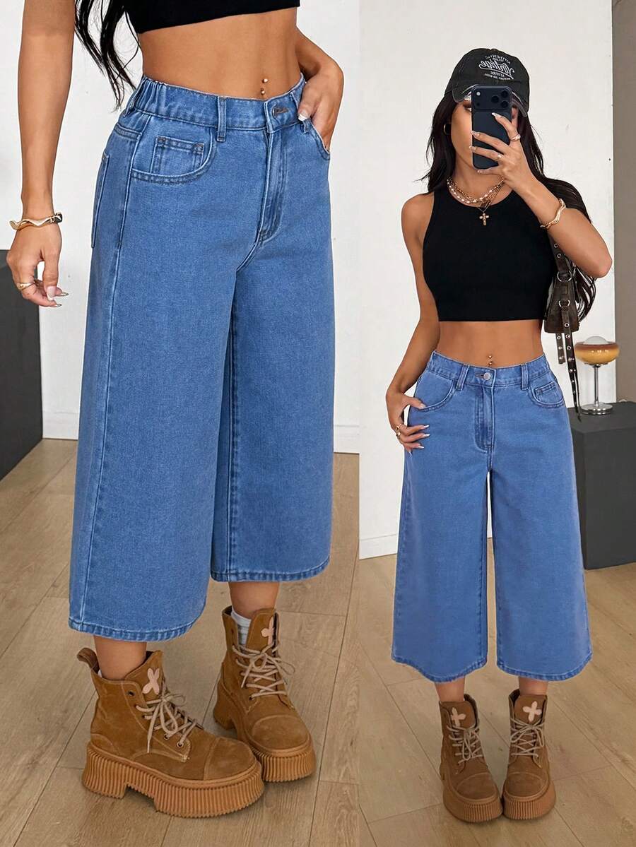 SHEIN PETITE 女士休闲通勤水洗阔腿牛仔裤 - 中等水洗藍 - 查看 1