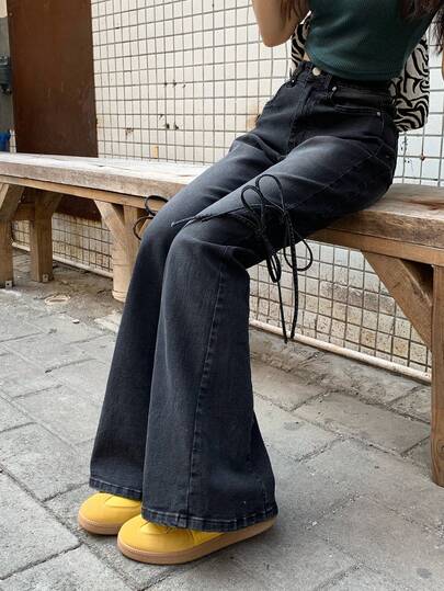 FRIFUL 女士时尚街头水洗系带喇叭牛仔裤，带斜插口袋