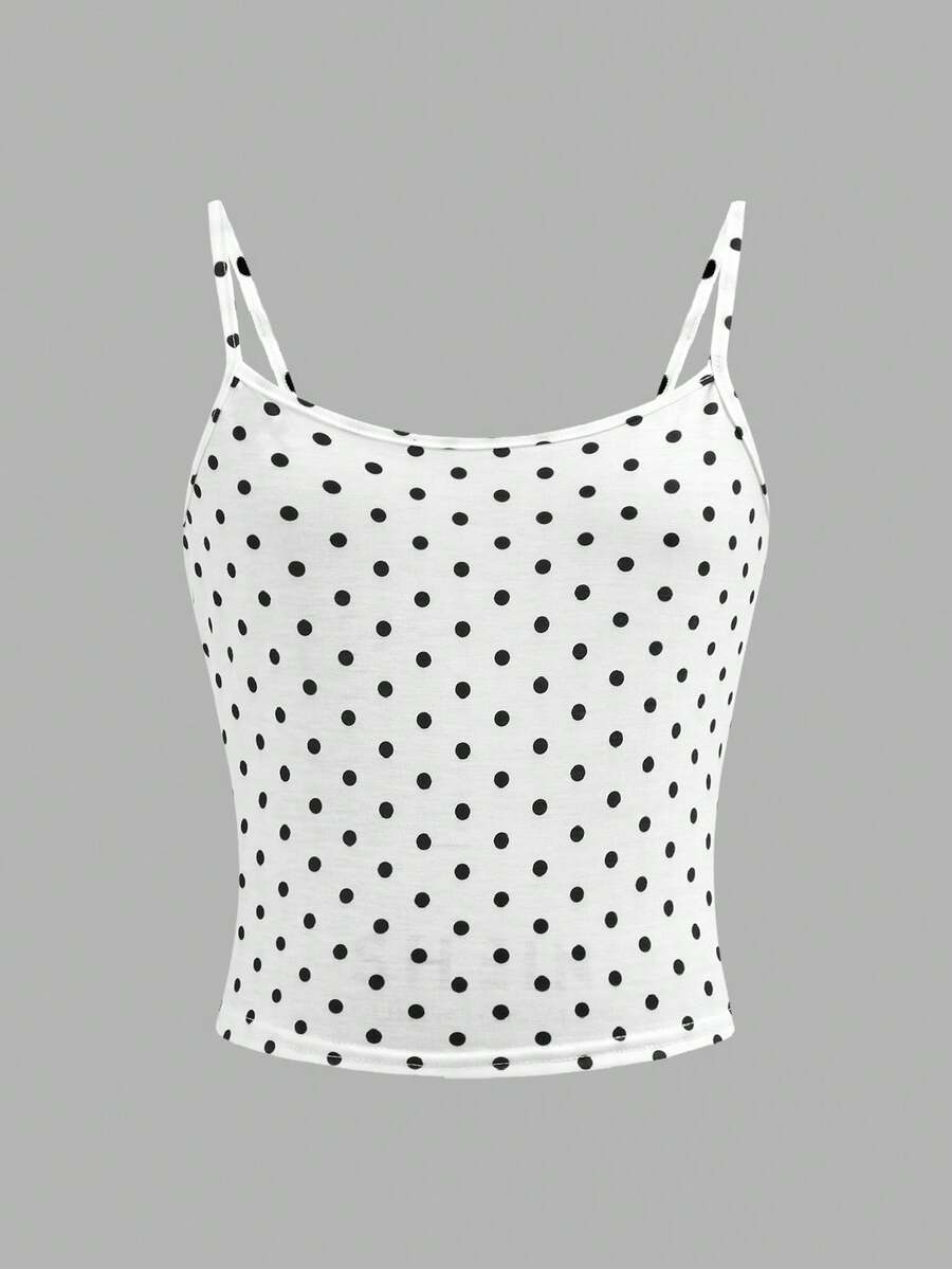 SHEIN Girlism Kids Tween Girls' Fitted Casual Polka Dot Camisole, Cute Top, White Polka Dot Top, Girls Cami, Sleeveless Tops, Black And White Tops - White - View 1