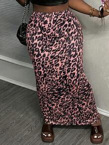 SHEIN Tall CURVE 大码时尚通勤豹纹半身裙 - 珊瑚粉 - 查看 6