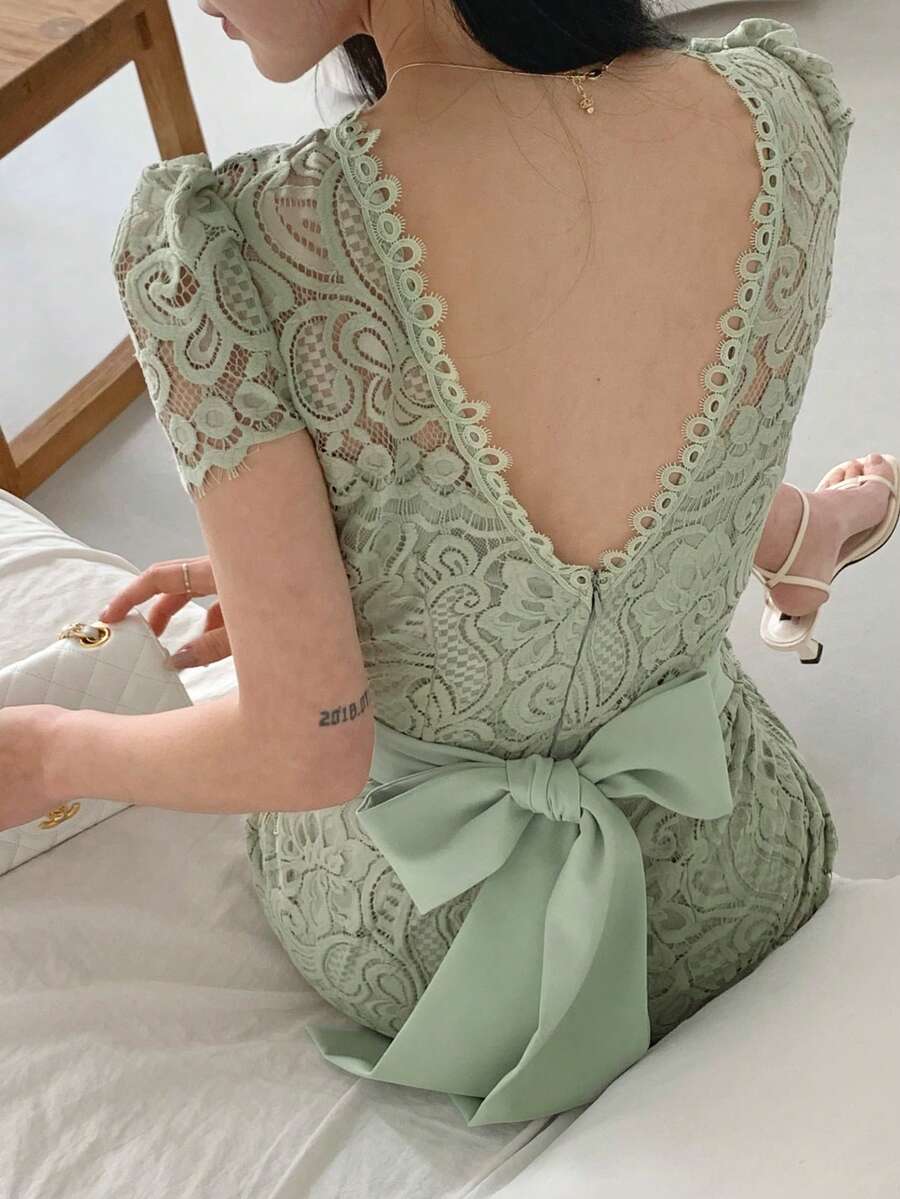 DAZY 女士收腰修身蕾丝泡泡袖中长连衣裙夏季吊带裙 - 綠色 - 查看 1