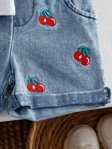 SHEIN 女婴圆领字母樱桃印花无袖T恤搭配松紧腰短裤，休闲日常穿搭 - 紅色 - 查看 4