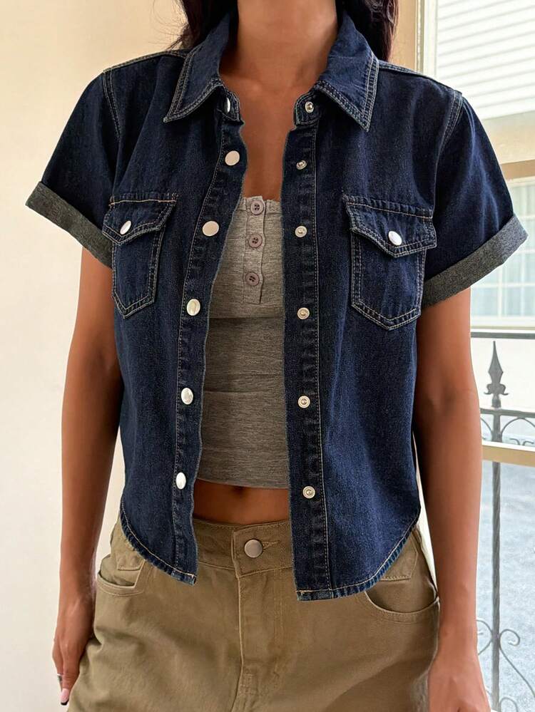 Women's Summer Collared Short Sleeve Pocket Decor Fitted Open Front Casual Elegant Washed Denim Blouse
