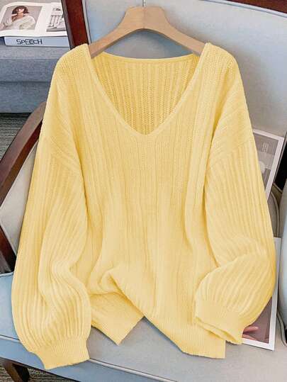 GlowEve CURVE Suéter holgado de manga larga con cuello en V y hombros caídos, talla grande y elegante