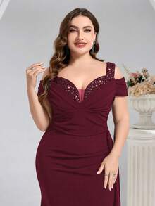 Coutiva 大码优雅亮片装饰高开衩正式晚礼服 - 酒紅色 - 查看 4