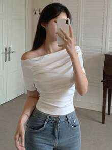 DAZY Women's Solid Color Off-Shoulder Pleated Fitted Short Sleeve T-Shirt, Spring/Summer - White - View 4