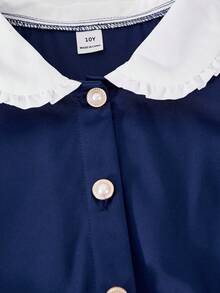 SHEIN ChillGRL Girls Dress, Single Item - Collared Half-Placket Shirt Dress With Ruffle Hem, Lantern Sleeve, A-Line Pleated Skirt, Comes With PU Belt, Suitable For Casual Everyday Wear In Spring/Summer - Navy Blue - View 8