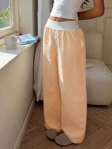 SHEIN EZwear 女士休闲黄条纹撞色白阔腿裤，春夏款 - 黃色 - 查看 6
