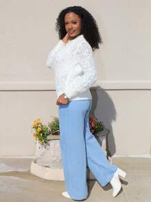 Steph T 女士纹理珍珠白色重磅毛衣，冬季时尚圆领针织上衣 - 白色 - 查看 6