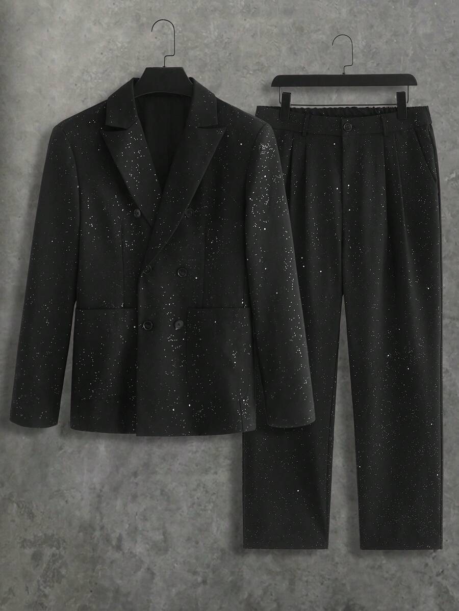 HIMLAND Men's Casual Shiny Lapel NeckLong Sleeve Jacket And Pants Suit Set