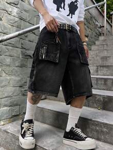 ROMWE MEN 男士休闲宽松工装口袋牛仔短裤 - 黑色 - 查看 2