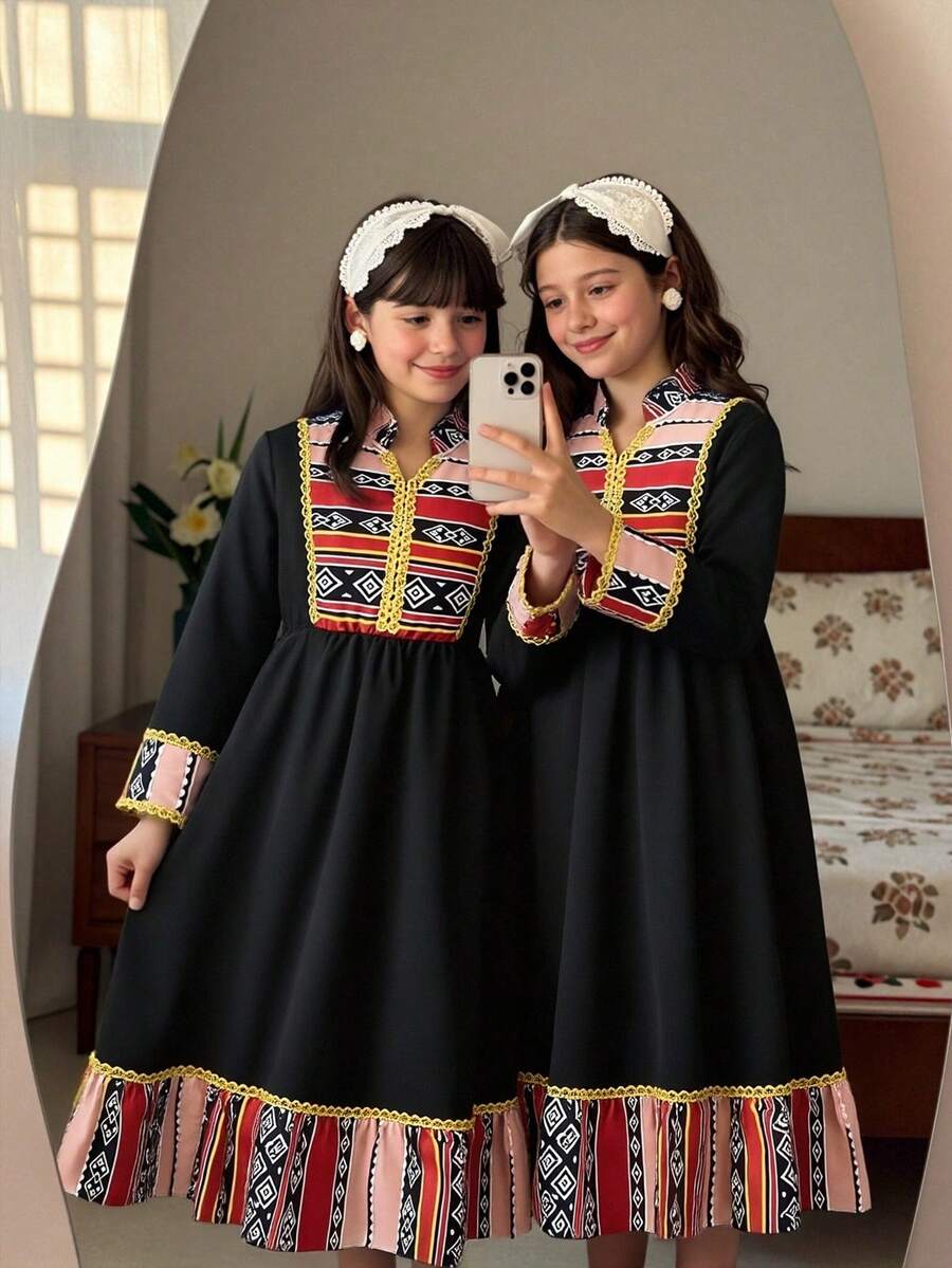 SHEIN Explorewe Tween Girls'Vintage Print Black Color Block Patchwork Dress - Black - View 1