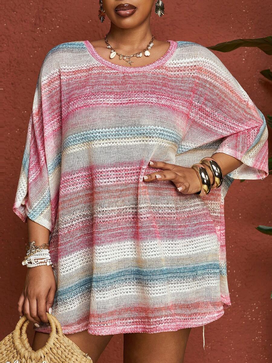 SHEIN CURVE+ T-shirt ample à manches 3/4, ourlet fendu, motif floral coloré, pour vacances, grande taille, pour femmes, automne/hiver - Multicolore - Voir 1