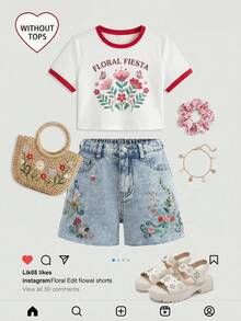 SHEIN Girlism 少女时尚返校节街头服饰混搭百搭设计 Y2K 复古酷炫街头优雅浅色水洗春夏清新花卉刺绣牛仔短裤，适合日常穿着以及春夏锐舞节和街头服饰。 - 藍色 - 查看 2