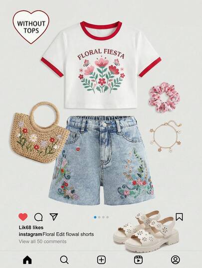 SHEIN Girlism Tween Girls Fashion Casual Y2k Vintage Cool Street Elegant Light Washed Spring And Summer Refreshing Flower And Floral Embroidery Design Denim Jeans Shorts For Kids Clothes Tween Girls Dailywear And Kids Spring To Summer Rave Outfits Festival And Outfits Streetwear Clothes