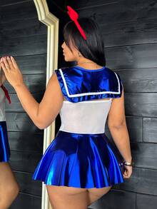 Fantasy Costume Plus Size Shiny Reflective Slimming Contrast Color Big Bow Clubwear Costume For Bars, Parties, Clubs - Blue and White - View 2