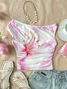 SHEIN 少女休闲度假粉色大花朵百合印花露肩泡泡袖上衣 - 粉色 - 查看 1