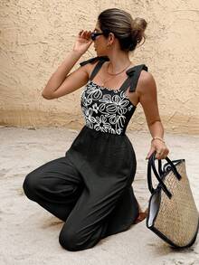 SHEIN Frenchy 女士印花褶皱休闲连体裤，适合度假和日常穿着 - 黑色 - 查看 10