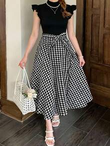 少女优雅通勤休闲泡泡袖罗纹拼接千鸟格图案中长连衣裙，系带细节，吊带裙，女童连衣裙，黑色女童连衣裙，荷叶边下摆女童连衣裙，返校季，春节，派对 - 黑與白 - 查看 1