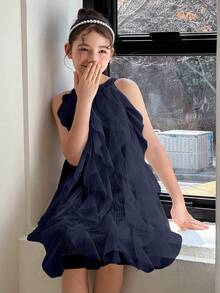 DAZY Tween Girls' Summer Elegant Mesh Ruffle Halter Dress - Navy Blue - View 2