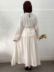 DAZY 2pcs/Set Women Lace Patchwork Cinched Waist Casual Maxi Dress - White - View 5