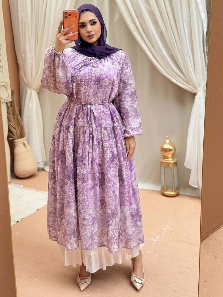 Dazy Plus Floral Print Drawstring Waist Lantern Sleeve Chiffon Maxi Dress, Elegant Plus Size For Women, Spring/Summer Sundress