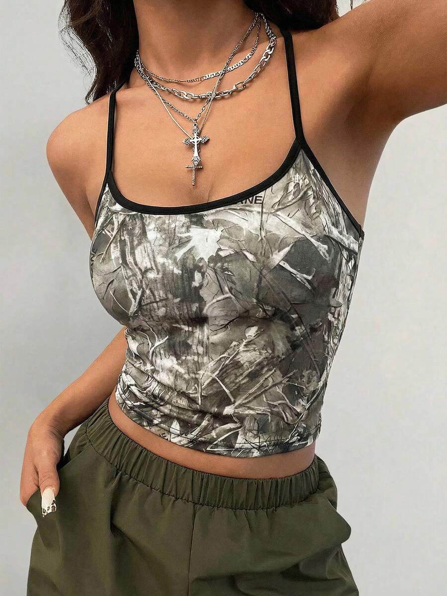Coolane Top de tirantes con estampado de camuflaje de rama, estilo de moda Y2K streetwear para mujer - Gris - Ver 1