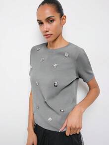 Maija Áo thun nữ cổ tròn tay ngắn đính sequin họa tiết hoa, kiểu dáng thường ngày, đa năng, thích hợp mặc hàng ngày, mùa hè, kỳ nghỉ hè, mùa xuân, dự tiệc, đi biển, đi chơi, thanh lịch, áo sequin lấp lánh. - Màu Xám nhạt - Xem 4