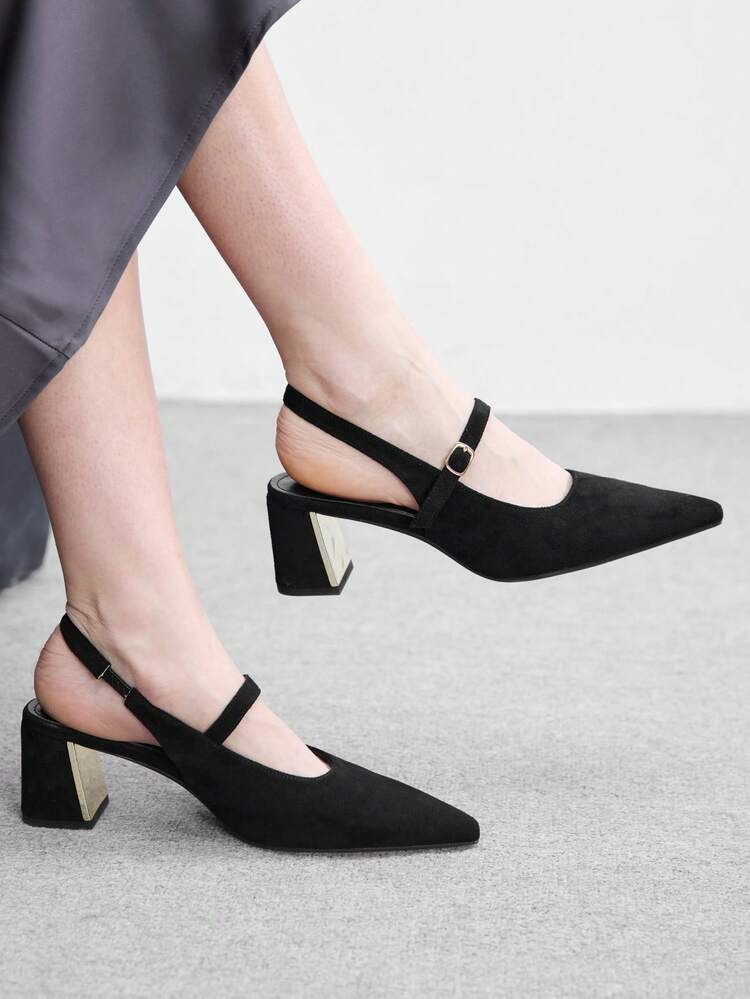 CUCCOO BIZCHIC Women Shoes Women's Pointed Toe Thick Medium Heel Black Suede Back Strap Slingback Women's High Heel Shoes Stylish And Comfortable Commuters Business Versatile Women's Slingback Shoes Spring Shoes