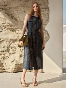 MOTF PREMIUM WOMEN'S DENIM SLEEVELESS BELTED MIDI DRESS, ELEGANT FOR DATES, SPRING/SUMMER - Blue - View 5