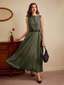 Vintamour 复古优雅女士连衣裙，春夏修身船领无袖连衣裙，灰色，带口袋、腰带，喇叭下摆，长款连衣裙 - 灰綠 - 查看 3