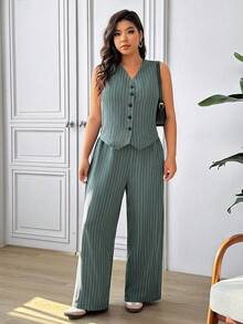 Lounesse Plus Size Elegant Casual Commute Vest, Shirt And Straight Leg Pants - Green - View 4