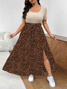 SHEIN Frenchy 大码夏季休闲碎花拼接高开衩连衣裙 - 咖啡棕 - 查看 6