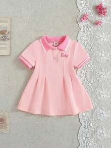 SHEIN 1 chiếc đầm trắng thường ngày cho bé gái, cổ và tay áo bo gân, thích hợp mặc ở nhà, đi chơi, chơi thể thao, dự tiệc. - Hồng - Xem 9