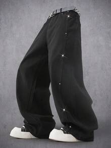 Manfinity Denimwave Casual Distressed Black Straight Loose Fit Maxi Jeans With Rivet Patchwork, Autumn/Winter - Black - View 5