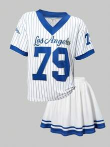 SHEIN ChillGRL Tween Girls Striped & Numeric Print Colorblock T-Shirt With Sporty Cheerleader Skirt 2 Pieces Set, Spring/Summer - Blue and White - View 3