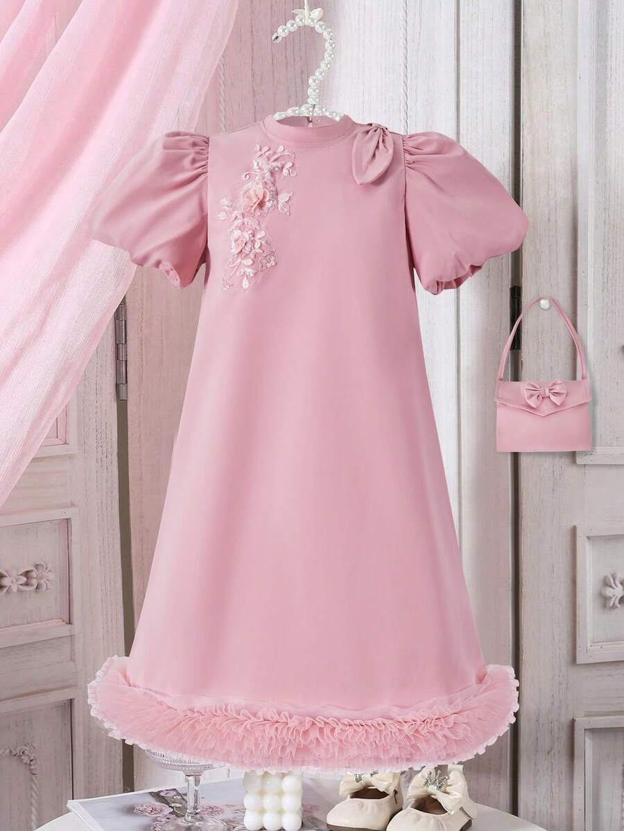 ChillGRL Girls Elegant Puff Sleeve Dress, Featuring 3D Bow, Embroidered Sequin Chest Flower, Mesh Ruffle Trim, Comes With Handbag, Suitable For Casual Wear In Spring/Summer - Pink - View 1