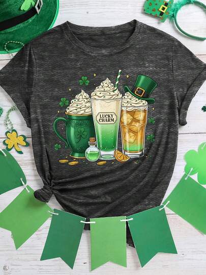 EMERY ROSE St. Patrick's Day Green-Toned Beverage LUCKY CHARM - Lucky Printed Casual Plus Size T-Shirt