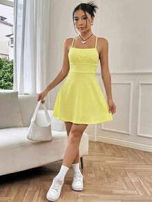 SHEIN EZwear Đầm nữ mùa hè, dây mảnh, hở lưng, dáng chữ A, đầm hè, trang phục mùa hè, đầm màu kem vàng. - Màu vàng - Xem 3