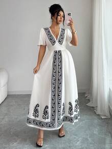 Elenzga 2026春夏新款女士度假印花连衣裙 - 杏色 - 查看 5