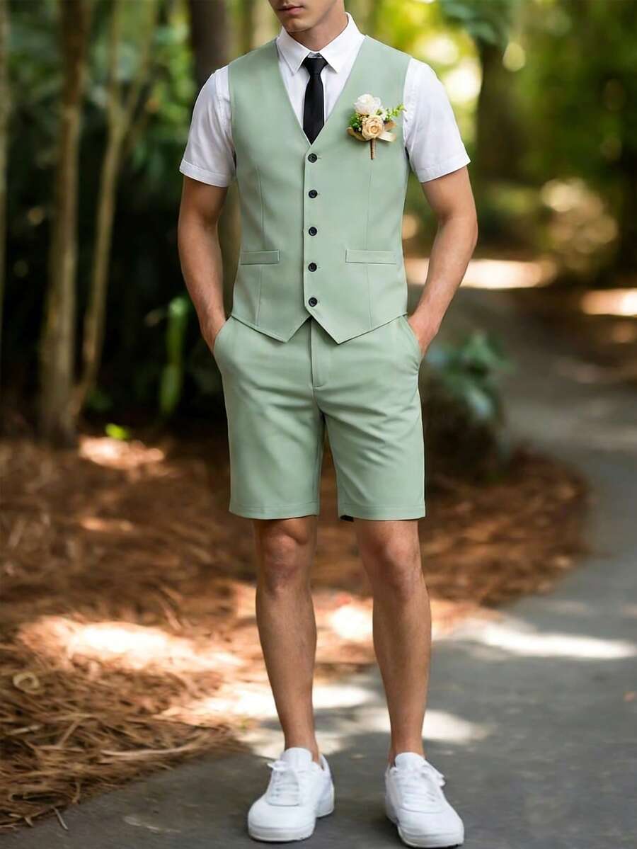 2件組夏季青少年男孩紳士套裝，白色鼠尾草綠修身背心搭配紋理短褲，優雅正式西裝，適合生日、婚禮、舞會、花童