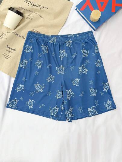 Manfinity Swimmode Men's Fashionable Casual Blue Animal Print Beach Shorts (With Pockets), Suitable For Beach Travel