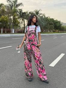 Slaydiva Women's Fashion Tree Branch Print Denim Bib Pants - Light Grey - View 3