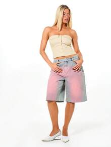 SUMWON WOMEN 条纹纽扣束身胸衣，后背系带设计，无肩带抹胸款式，夏季节日短款衬衫 - 黃色 - 查看 3