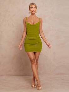 Lumalex 1pc Women's Asymmetric Ruched Bodycon Mini Dress - Green - View 5