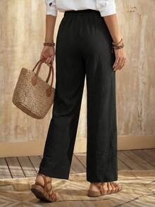 EMERY ROSE Solid Elastic Waist Straight Leg Pants - Black - View 2