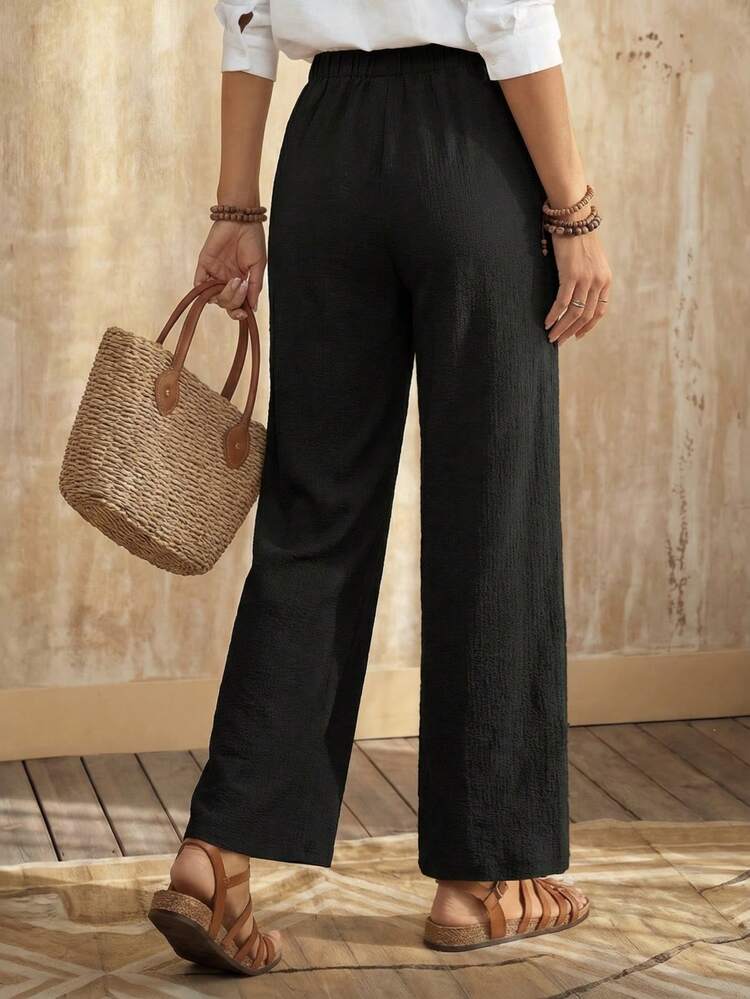 Solid Elastic Waist Straight Leg Pants