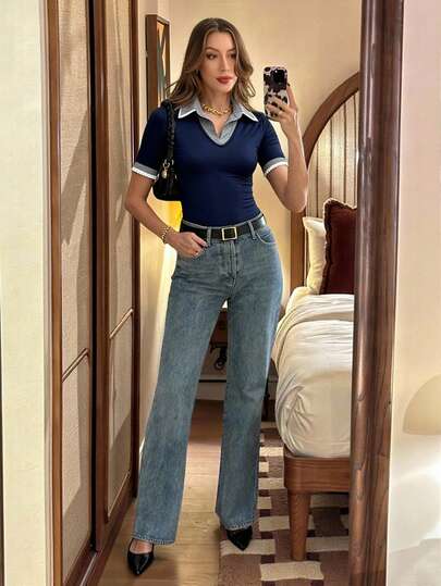 SHEIN PariChic 2 In 1 Floral Trim Collar Short Sleeve T-Shirt Dark Blue Top Navy Top Collared Shirt Preppy Tops 70s Tops Wide Leg Jeans Woman 70s Outfit Women Retro Clothes Women 70s Clothes