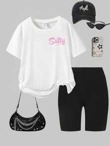 SHEIN ChillGRL 2件套少女沙滩波浪印花休闲舒适圆领白色短袖T恤和黑色紧身短裤套装，时尚图案T恤和短裤，适合所有季节，日常穿着，户外活动 - 白色 - 查看 3
